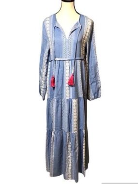 SLV Blue Embroidered Maxi Dress with Fuschia Tassels